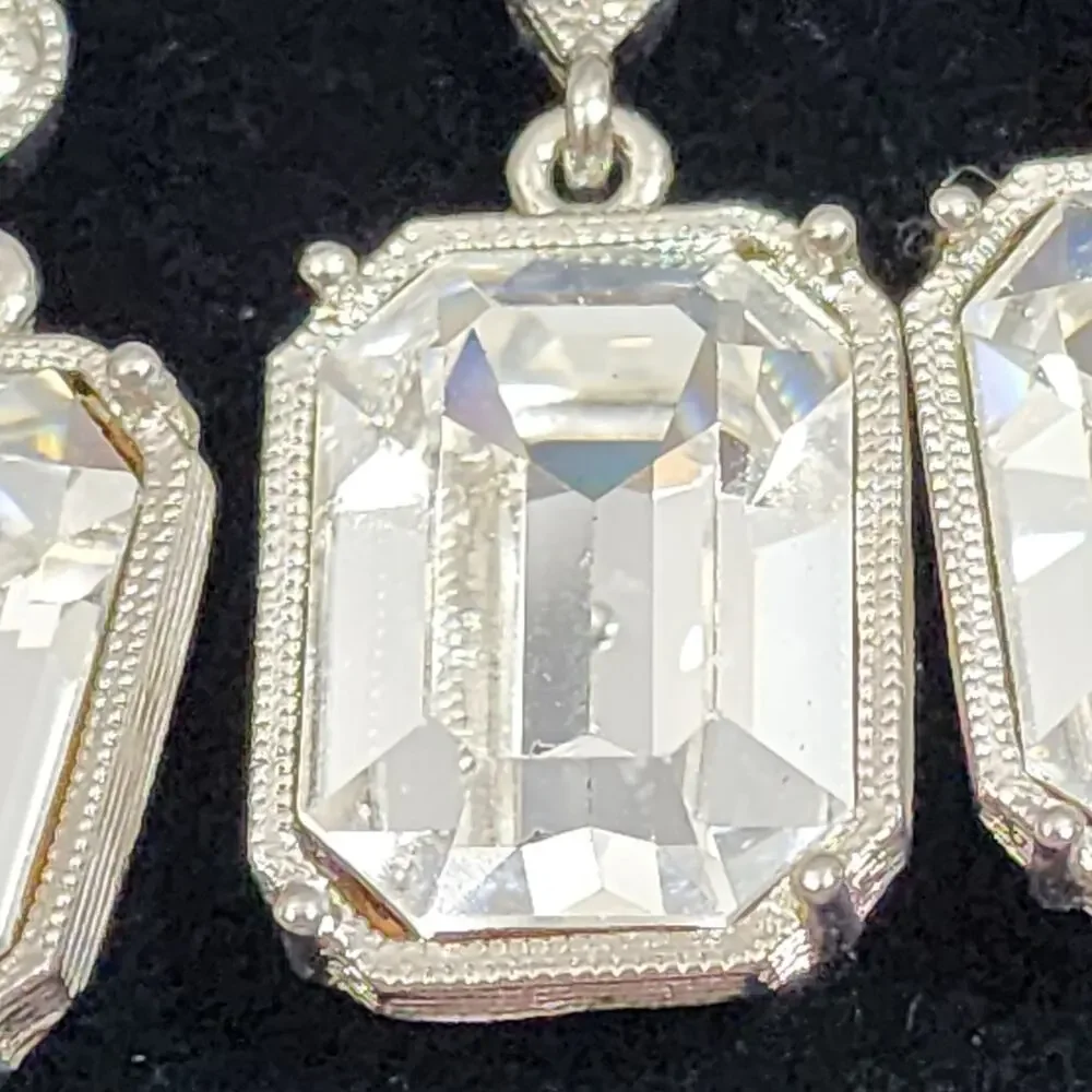 Necklace Earrings Set Faceted Crystal Rectangle Emerald Cut Drop ST 2028 Vintage